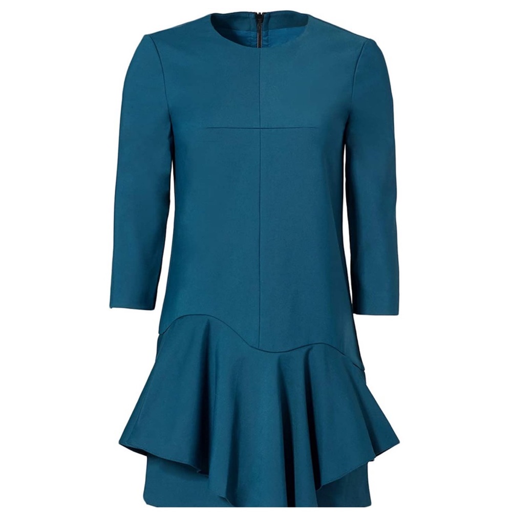 Tibi Designer Ruffle Agathe Layered Dress Zip Stretchy Teal Blue Dressy - Picture 2 of 14